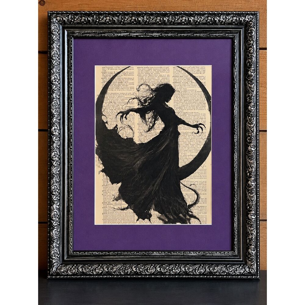 Framed Witch Dictionary Print – Purple Mat & Ornate Black/Silver Frame